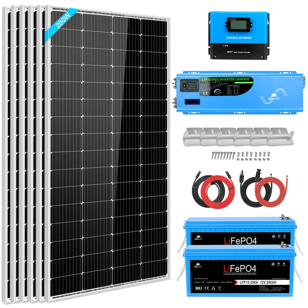 Sungold Power Off-Grid Solar Kit 4000W Inverter 12VDC 120V/240V LiFePO4 Battery 1200 Watt Solar Back Up