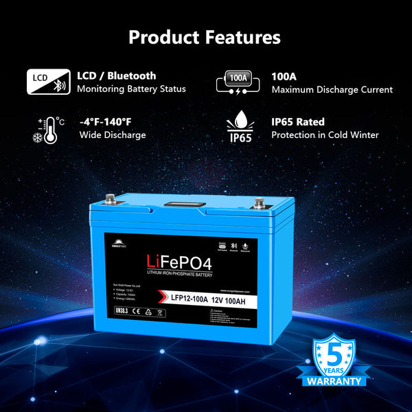 Sungold Power 12V 100AH LiFePO4 Deep Cycle Lithium Battery / Bluetooth /Self-heating / IP65