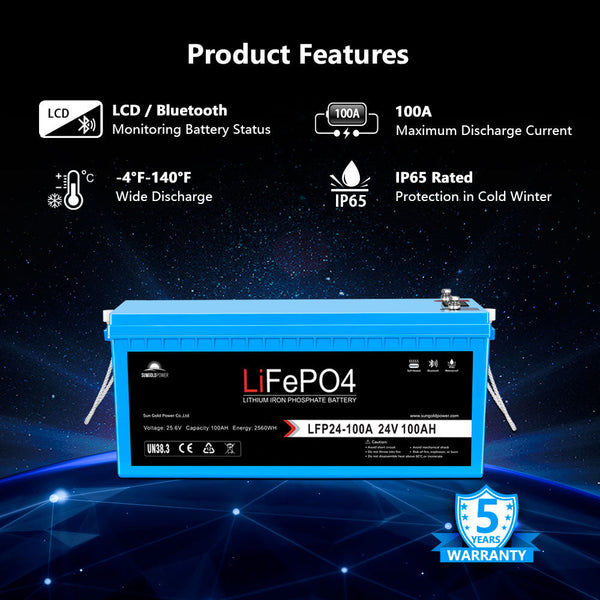 Sungold Power 24V 100Ah LiFePo4 Deep Cycle Lithium Battery Bluetooth / Self-Heating / IP65