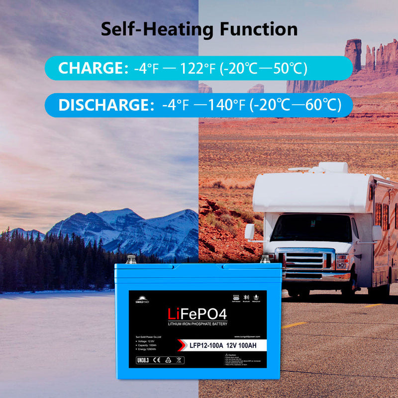 Sungold Power 12V 100AH LiFePO4 Deep Cycle Lithium Battery / Bluetooth /Self-heating / IP65