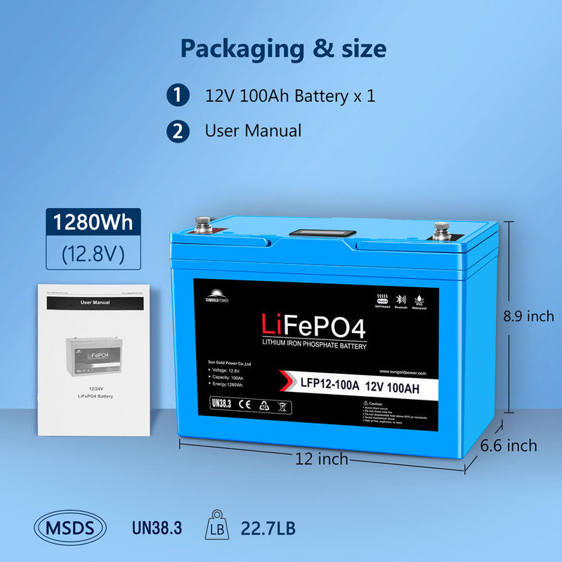 Sungold Power 12V 100AH LiFePO4 Deep Cycle Lithium Battery / Bluetooth /Self-heating / IP65