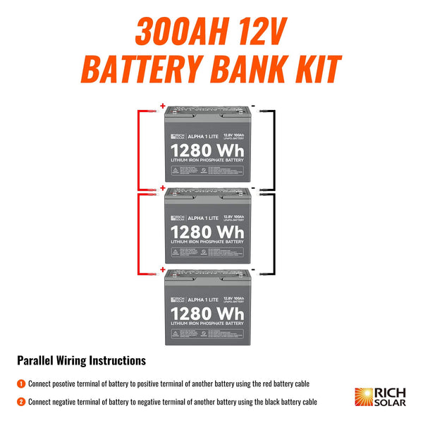 RICH SOLAR | 300Ah 12V LiFePO4 Off-Grid Battery Kit | 3.8kWh Deep Cycle Lithium Battery Bank | 3 X ALPHA 1 LITE in Parallel