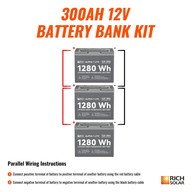 RICH SOLAR | 300Ah 12V LiFePO4 Off-Grid Battery Kit | 3.8kWh Deep Cycle Lithium Battery Bank | 3 X ALPHA 1 LITE in Parallel