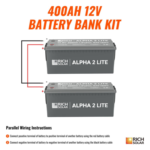 RICH SOLAR | 400Ah 12V LiFePO4 Off-Grid Battery Kit | 5.12kWh Deep Cycle Lithium Battery Bank | 2 X ALPHA 2 LITE in Parallel