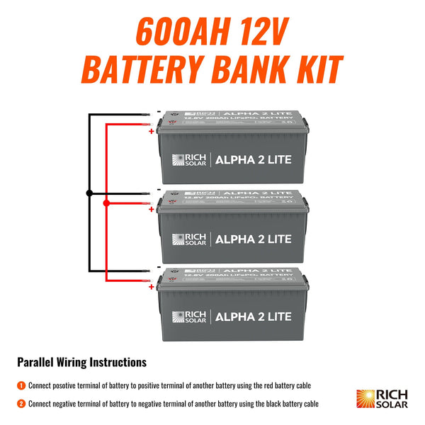 RICH SOLAR | 600Ah 12V LiFePO4 Off-Grid Battery Kit | 7.6kWh Deep Cycle Lithium Battery Bank | 3 X ALPHA 2 LITE in Parallel