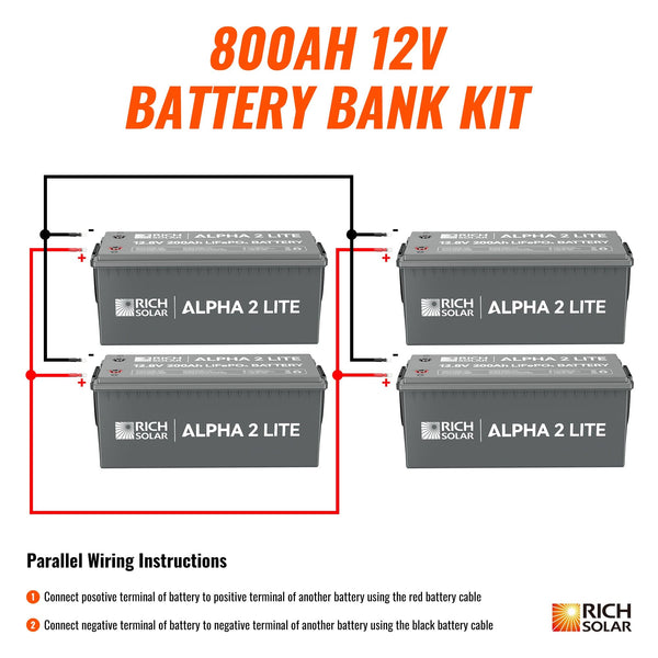RICH SOLAR | 800Ah 12V LiFePO4 Off-Grid Battery Kit | 10.2kWh Deep Cycle Lithium Battery Bank | 4 X ALPHA 2 LITE in Parallel