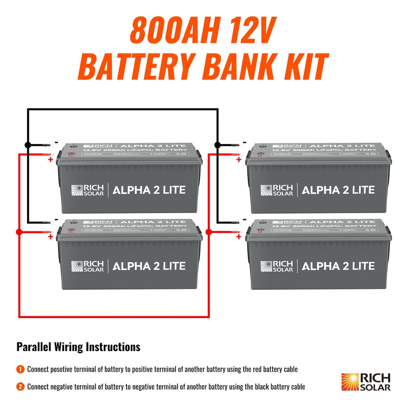 RICH SOLAR | 800Ah 12V LiFePO4 Off-Grid Battery Kit | 10.2kWh Deep Cycle Lithium Battery Bank | 4 X ALPHA 2 LITE in Parallel