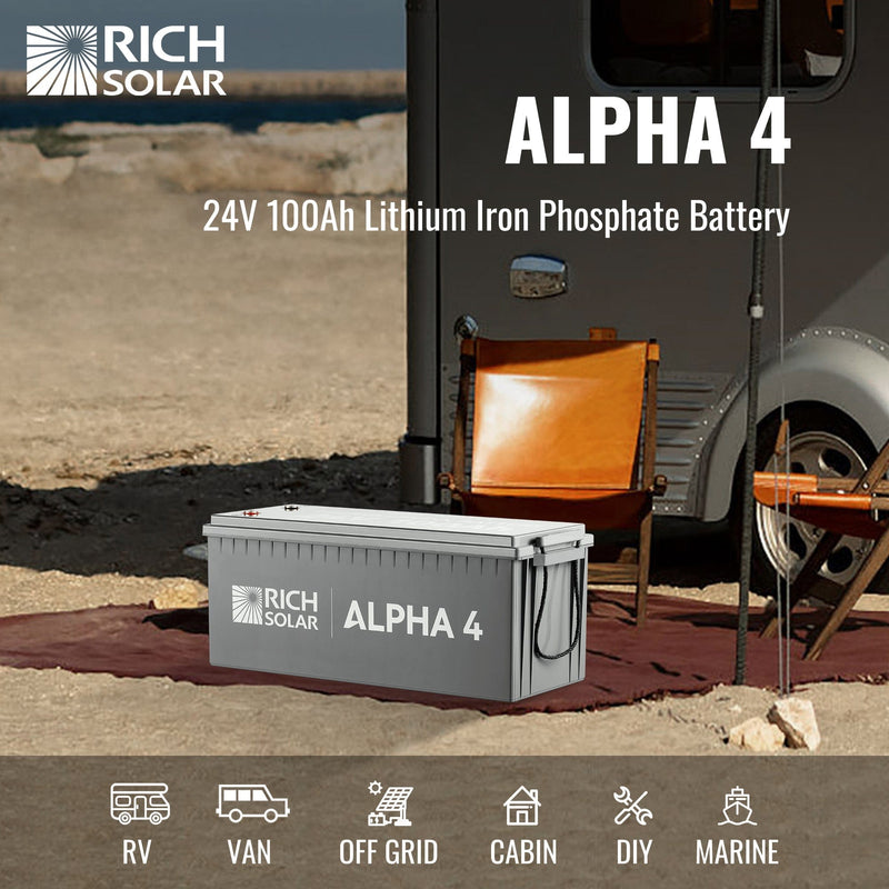 RICH SOLAR ALPHA 4 | 24V 100Ah LiFePO4 Battery | Powerful 24V Lithium Battery for RVs, Trailers, Vans, Boats, Off-Grid | 5,000 Lifetime Cycles | Bluetooth and Internal Heat Technology