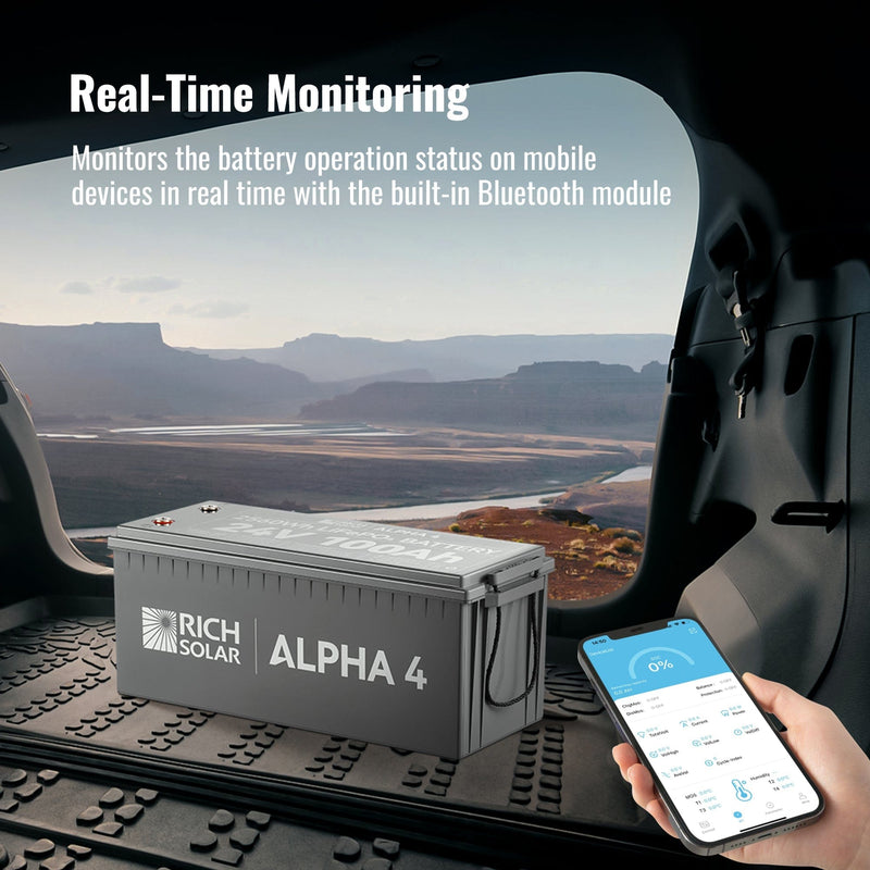 RICH SOLAR ALPHA 4 | 24V 100Ah LiFePO4 Battery | Powerful 24V Lithium Battery for RVs, Trailers, Vans, Boats, Off-Grid | 5,000 Lifetime Cycles | Bluetooth and Internal Heat Technology
