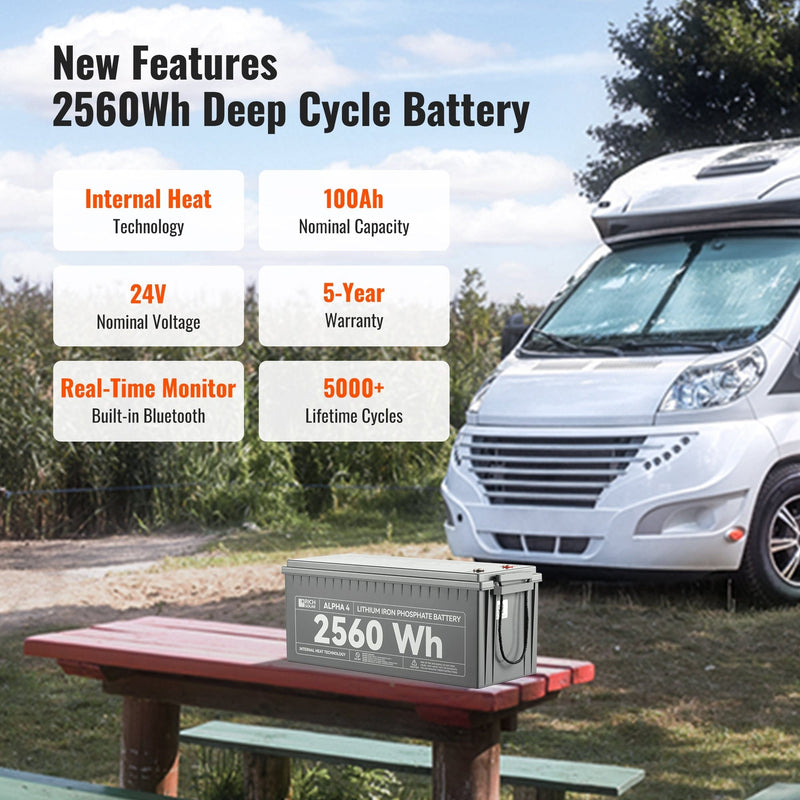 RICH SOLAR ALPHA 4 | 24V 100Ah LiFePO4 Battery | Powerful 24V Lithium Battery for RVs, Trailers, Vans, Boats, Off-Grid | 5,000 Lifetime Cycles | Bluetooth and Internal Heat Technology
