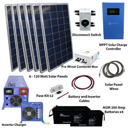 Power Off Grid Solar Kit | 4000W Pure Sine Inverter Charger 120/240VAC | 720 Watt Solar Panels | 200 A Batteries