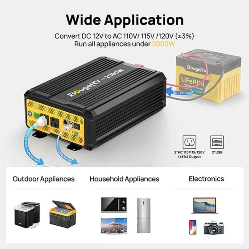 BougeRV 2000W 12V Pure Sine Wave Inverter with Bluetooth