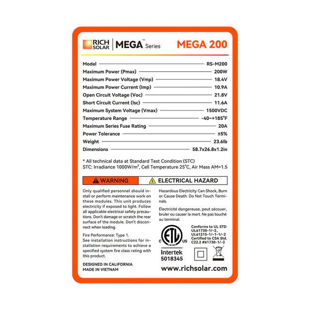 200 Watt Solar Panel | High Efficiency 12V Monocrystalline (19.98% Efficiency) | 25-Year Power Output Warranty