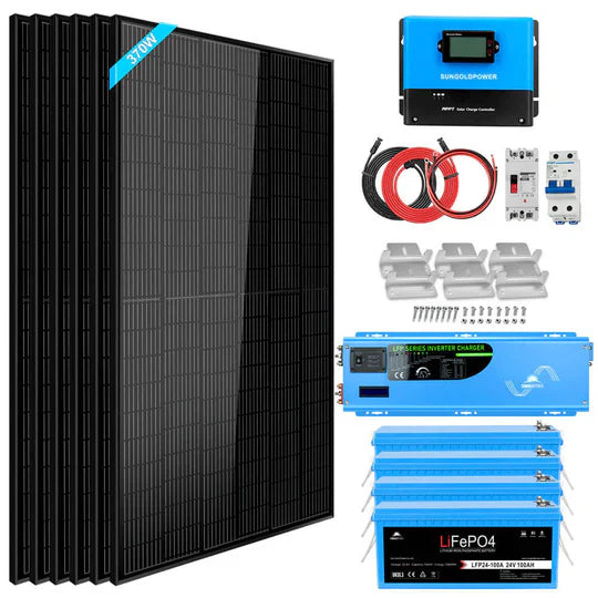 Sungold Power Off-Grid Solar Kit 6000W 48VDC 120V/240V LifePO4 10.24KWH Lithium Battery 6 X 370 Watt Solar Panels